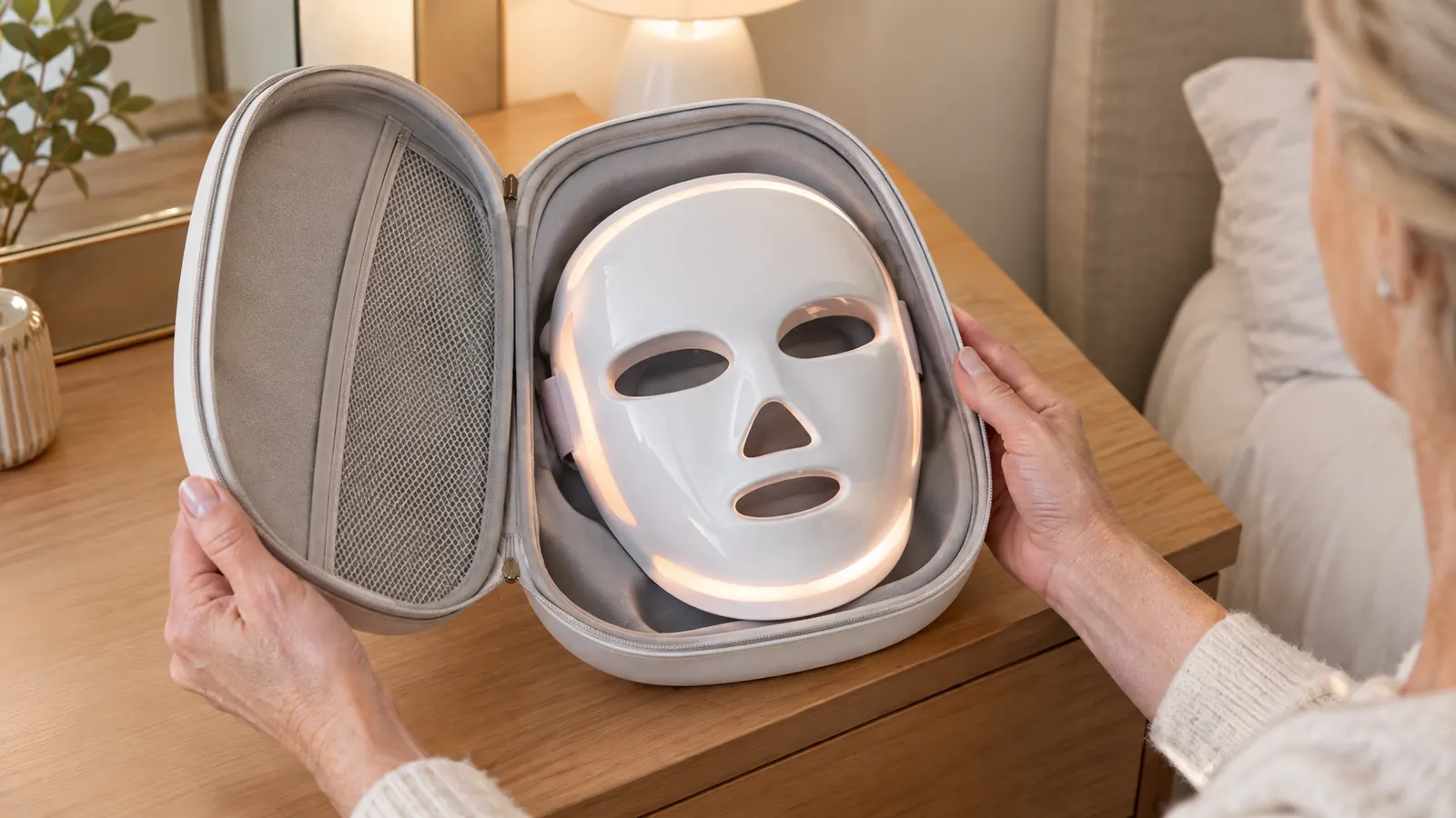 A woman's hands holding the LED face mask in its storage case on a bedroom dresser