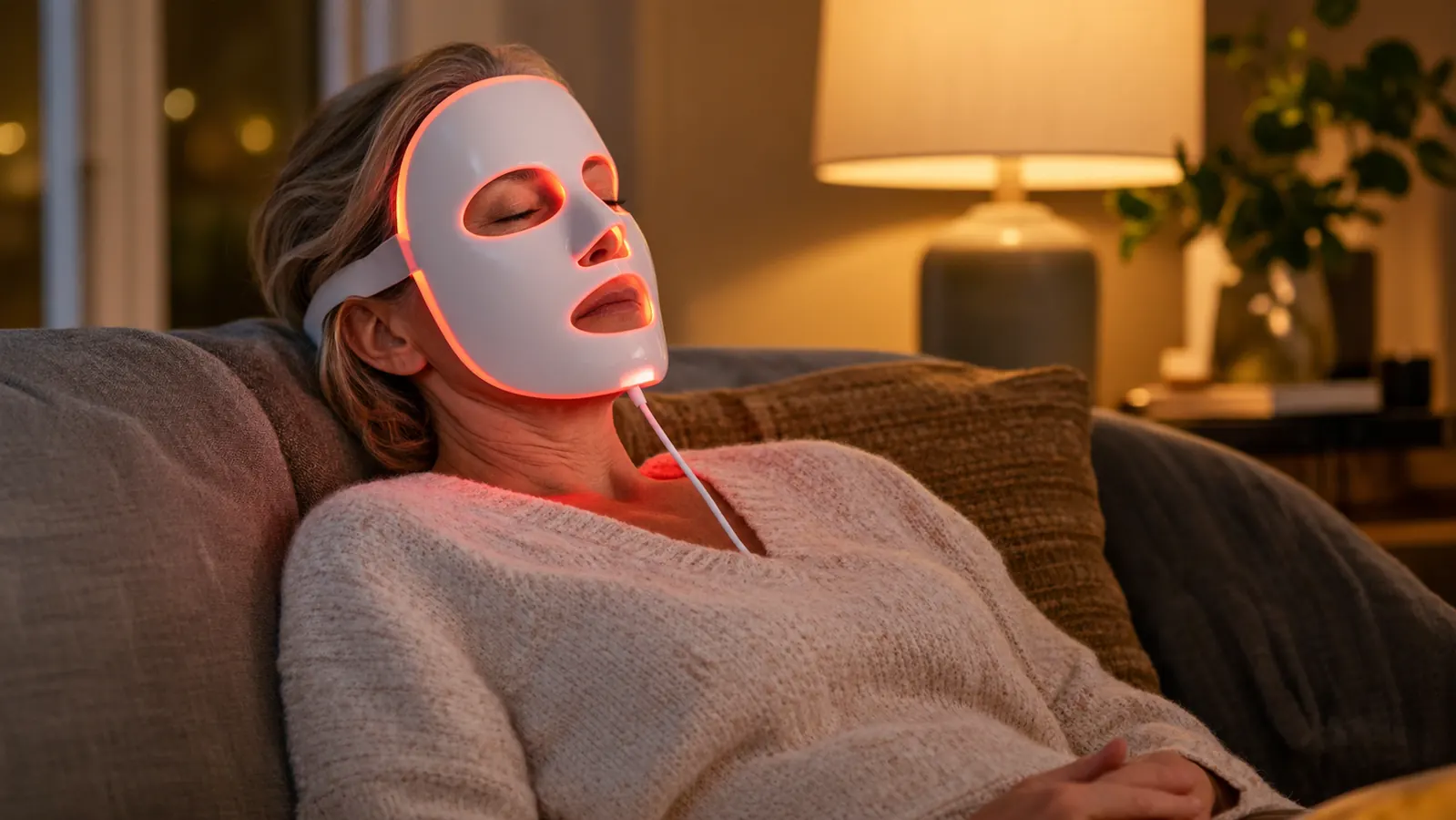 A woman in her late fifties sitting on a couch with the LED face mask on, eyes closed, hands relaxed in her lap