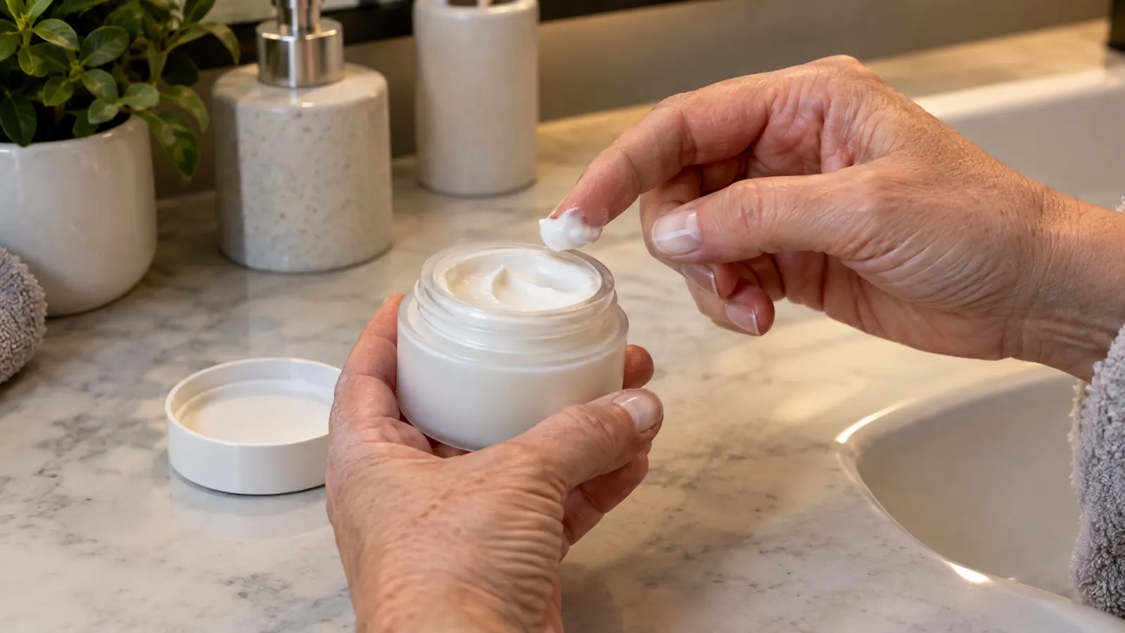 A hand scooping a small amount of cream from an open jar on a bathroom counter