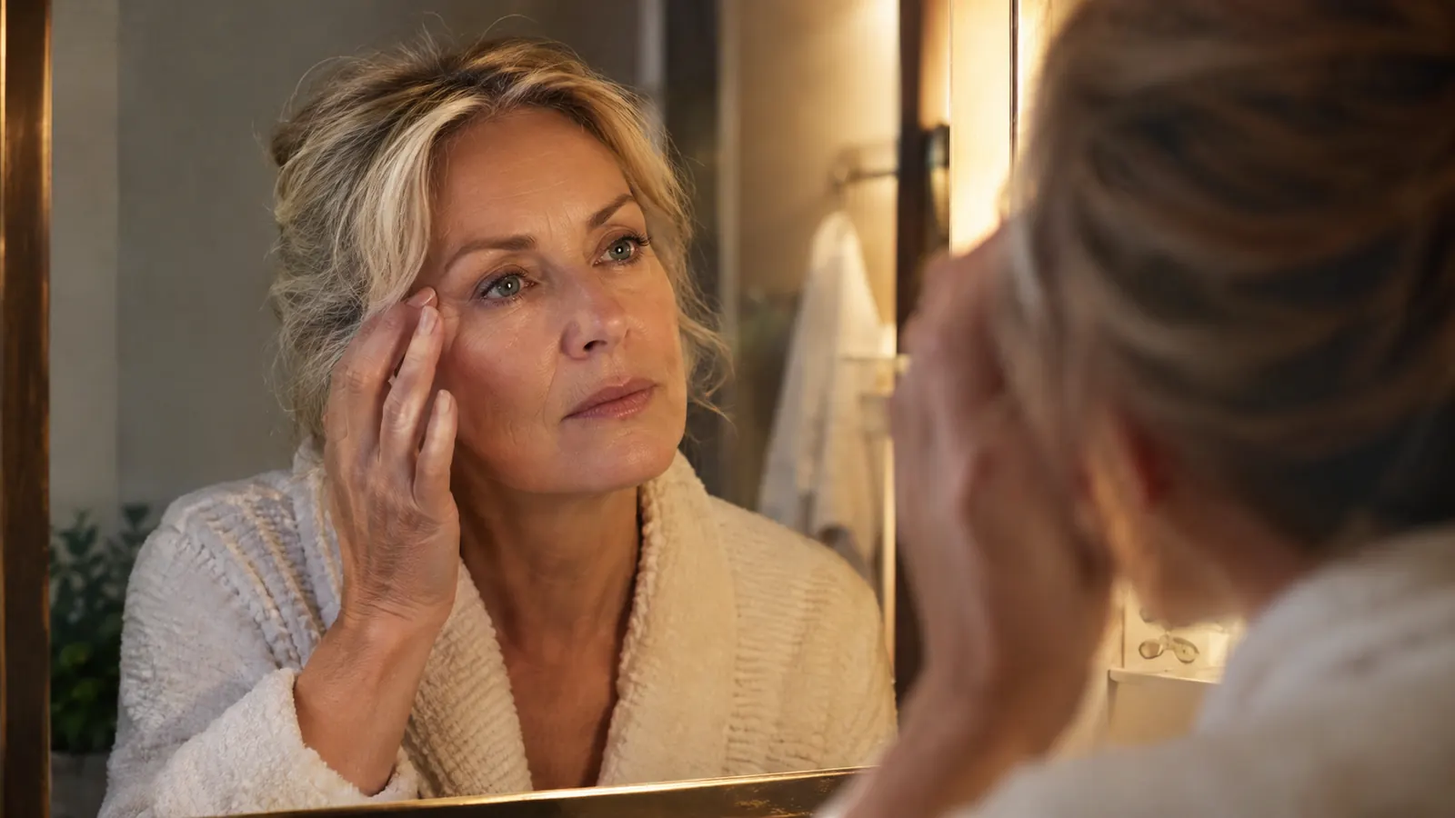 A woman in her late fifties looking into a bathroom mirror at night, touching the skin beside her eye, calm expression