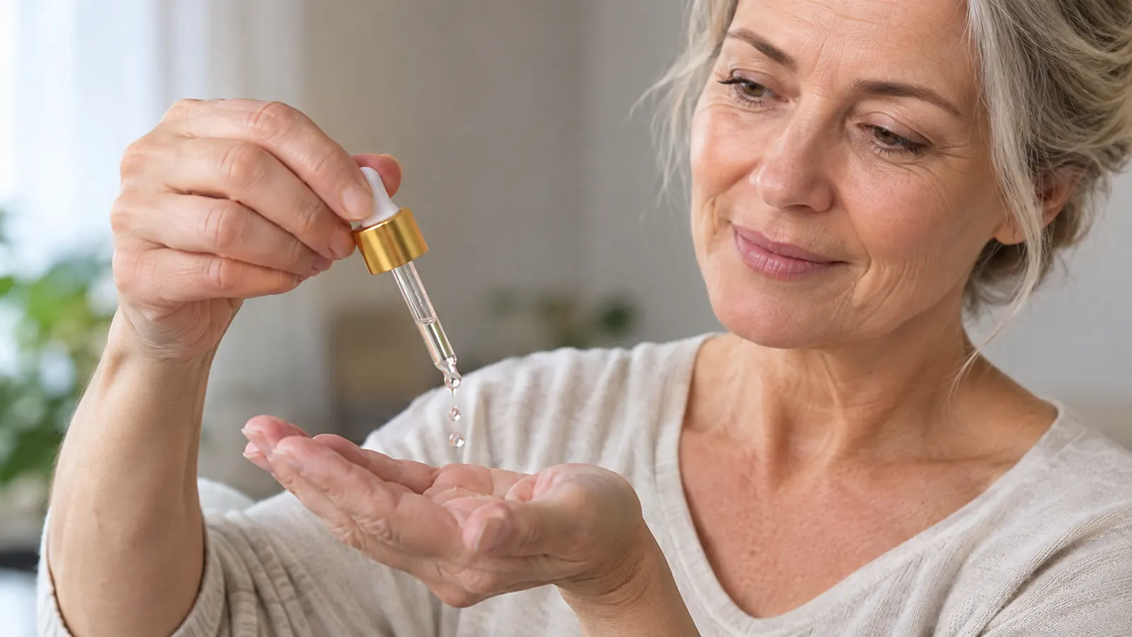 A hand holding a dropper over a palm, letting a few drops of a light serum fall