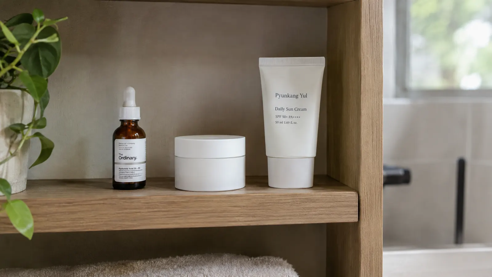 A simple bathroom cabinet shelf with a small dropper bottle, a plain moisturizer, and a tube of sunscreen