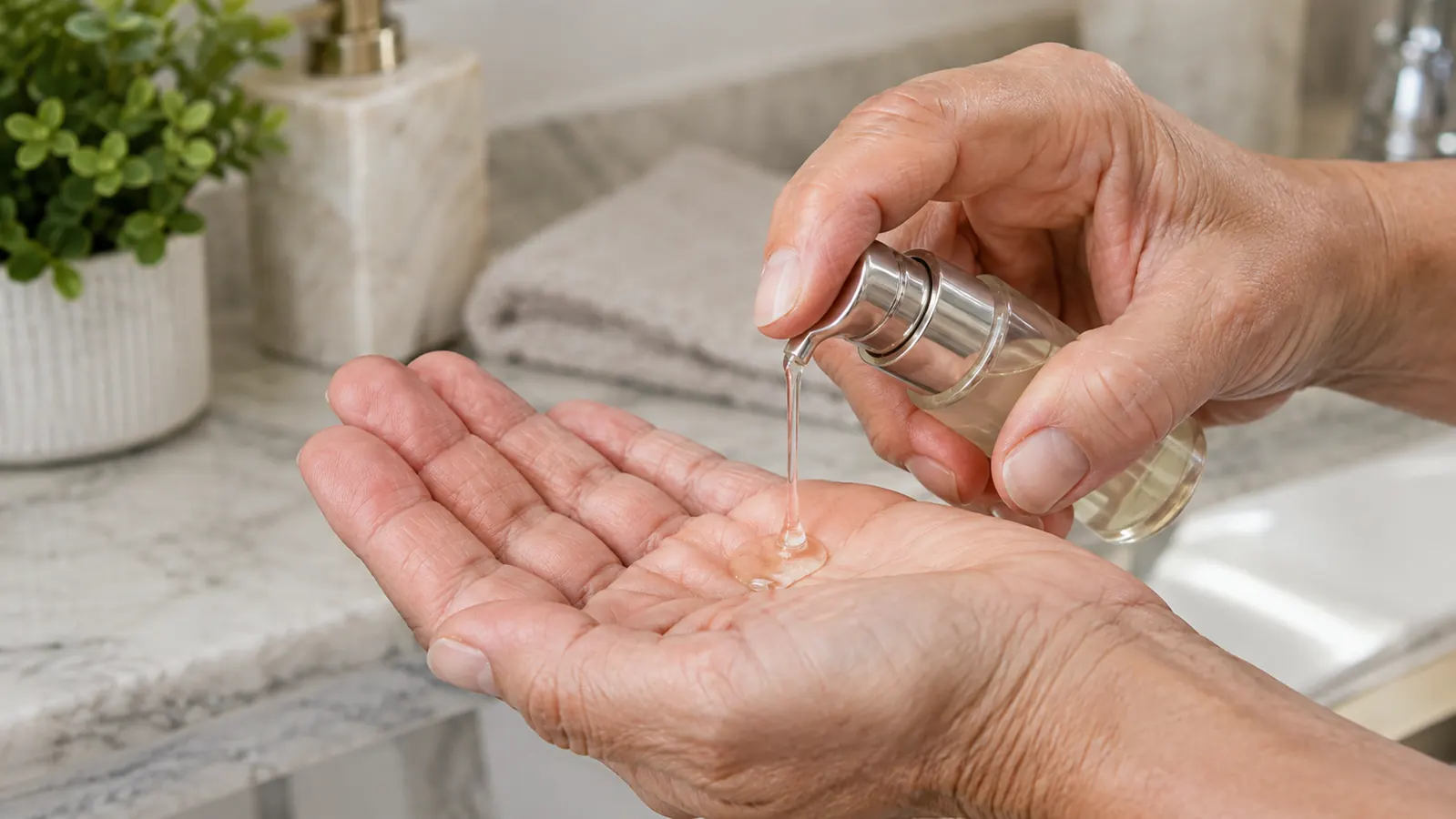 A hand pressing one pump of serum from a small bottle into a palm