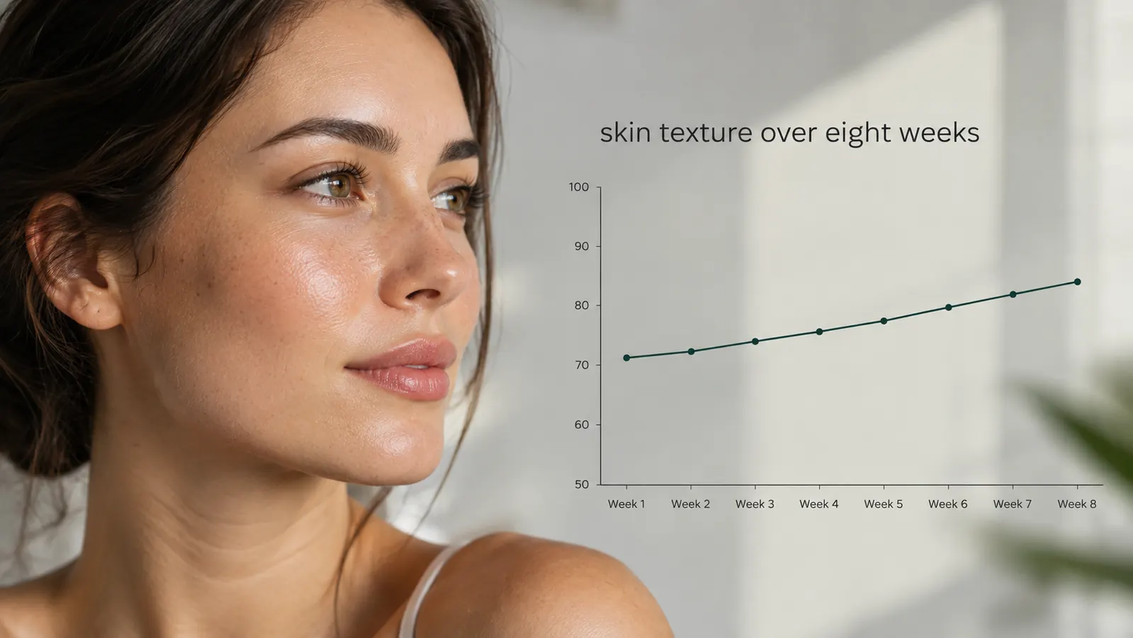 A simple line chart showing a gentle upward trend labeled skin texture over eight weeks