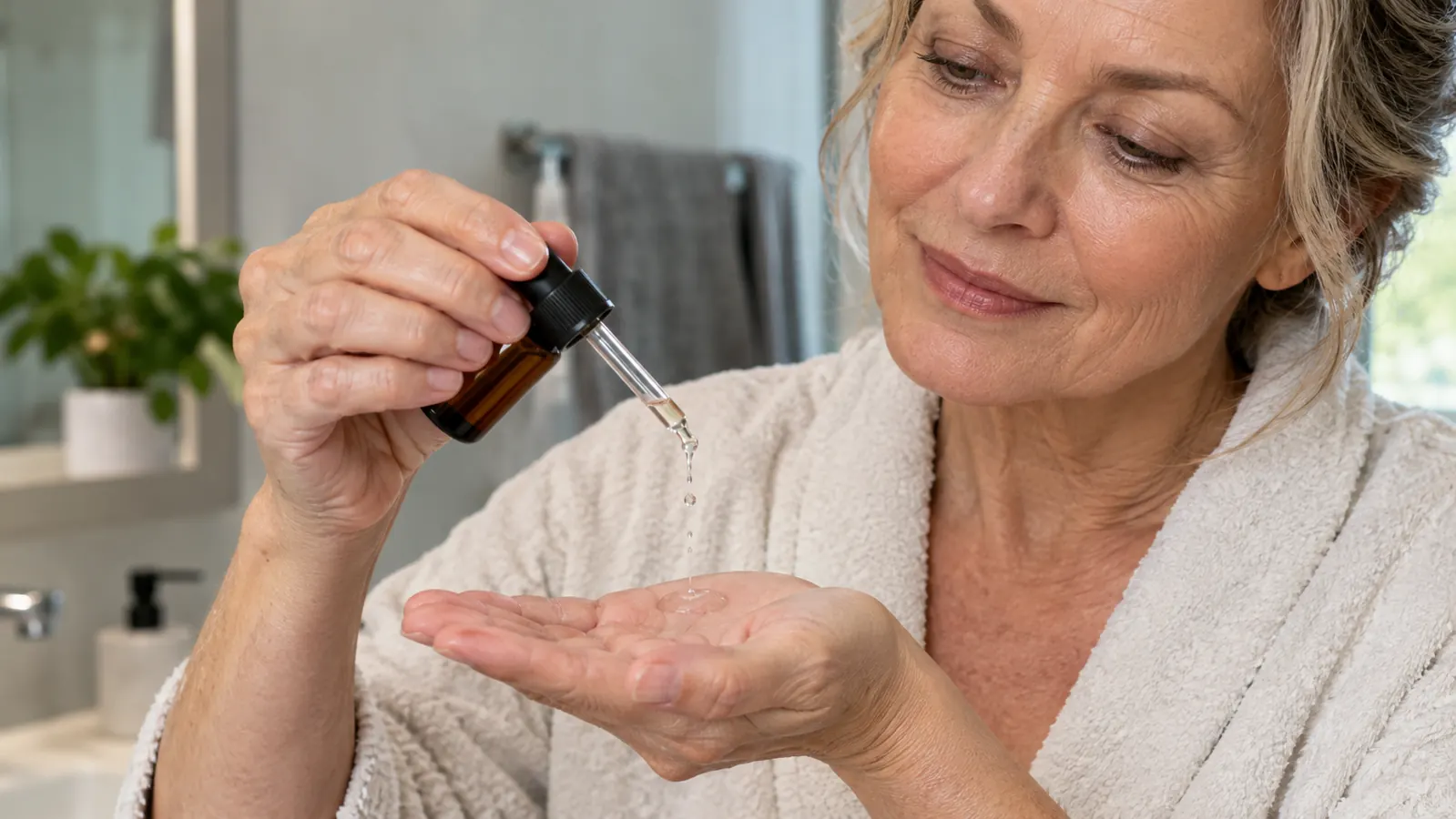A hand holding an amber glass dropper over a palm with a few drops of serum