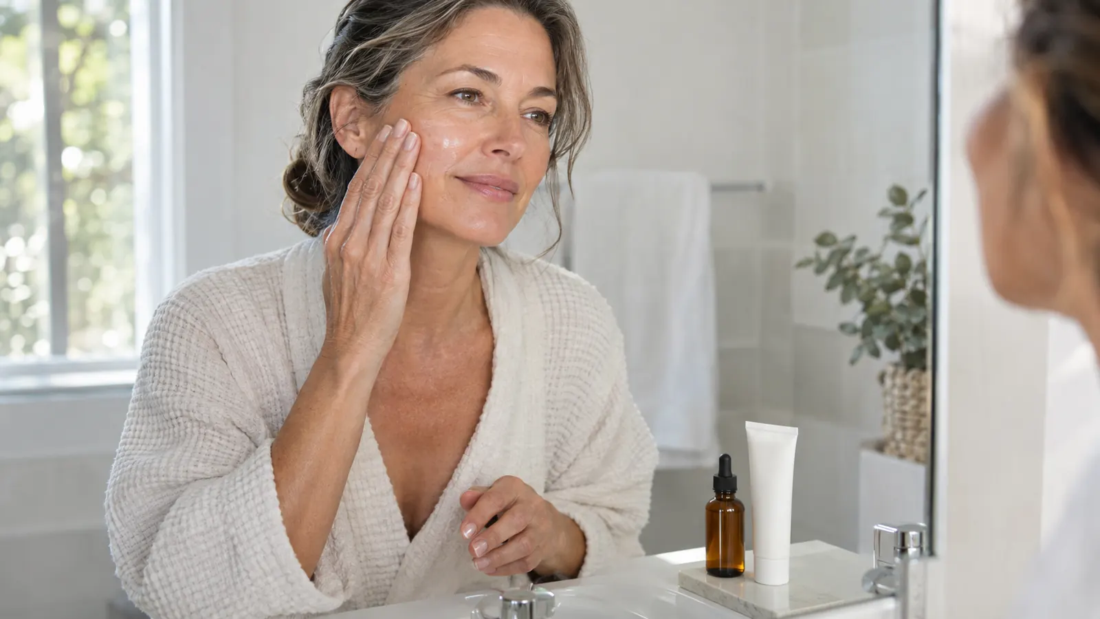 A woman in her fifties smoothing moisturizer onto her cheek at a bathroom sink in morning light
