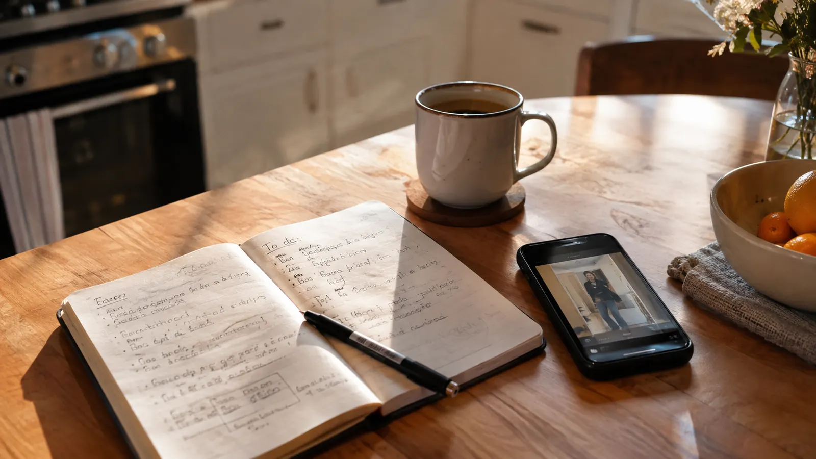 A dog-eared notebook and a phone showing a dated bathroom mirror photo on a kitchen table