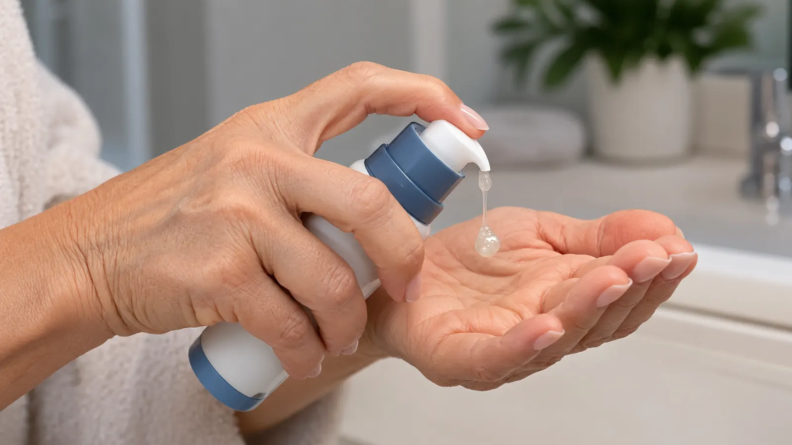 A hand pressing one pump of CeraVe Retinol Serum into a palm