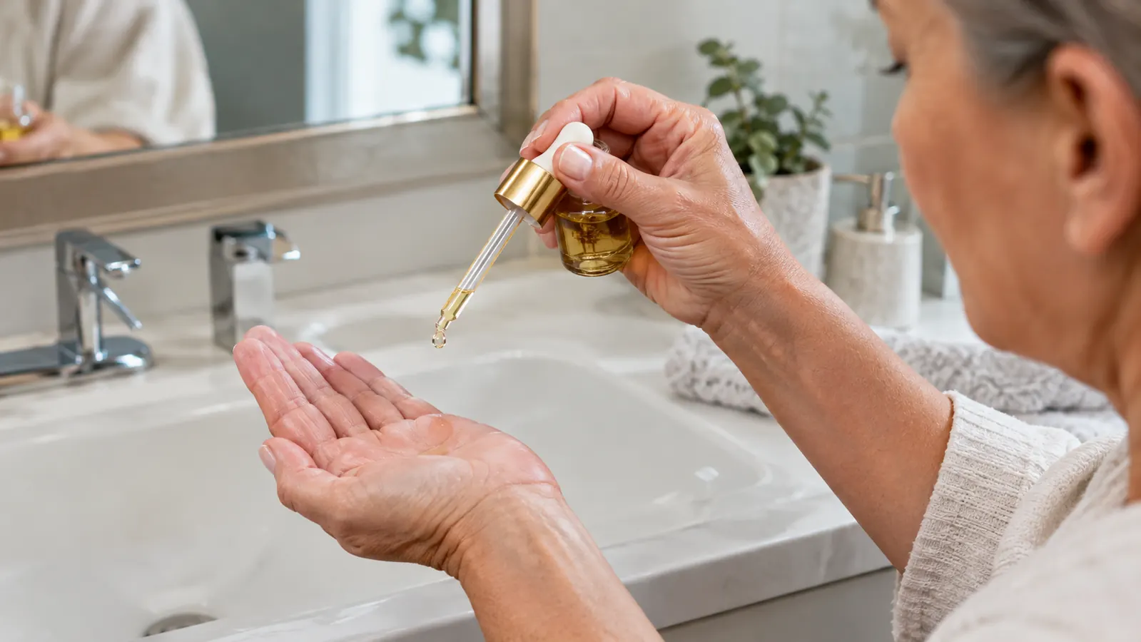 A hand applying a few drops of serum from a small bottle to the palm in front of a bathroom mirror