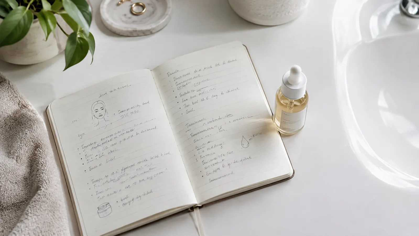 Open notebook with handwritten skincare notes next to a small bottle of serum on a bathroom counter