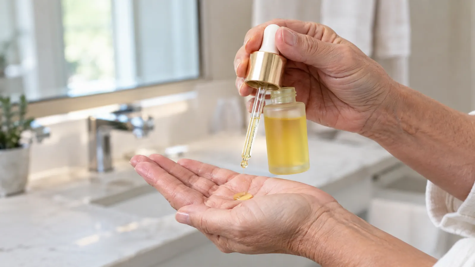 Hand holding a retinol serum bottle over the opposite palm, bathroom mirror softly blurred behind