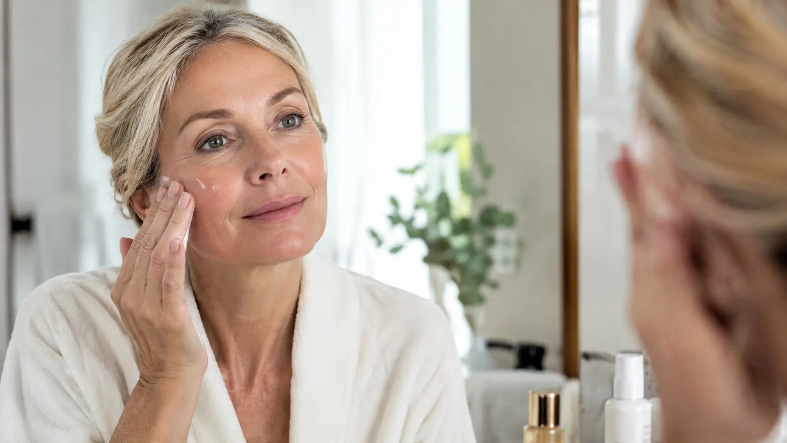 Woman smoothing serum onto her cheek in front of a bathroom mirror in soft daylight