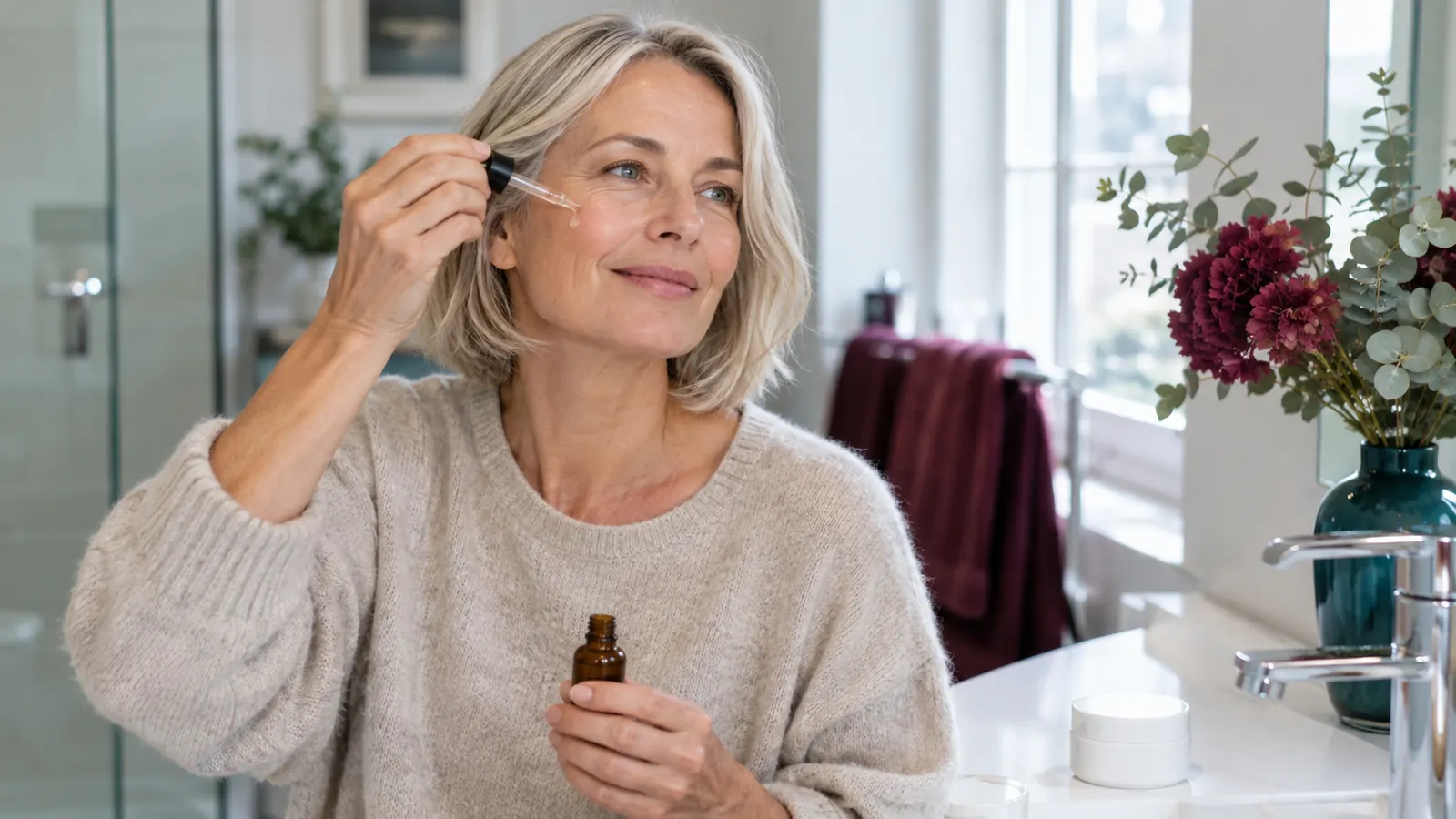 A woman in her late fifties applying a few drops of face serum at a bright bathroom sink in morning light