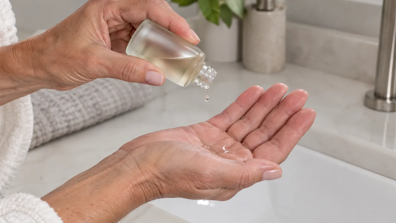 A hand tilting a small serum bottle over an open palm with a few drops of serum falling
