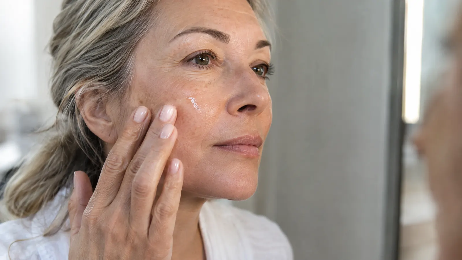 A close-up of fingertips pressing serum into a cheek in front of a bathroom mirror in soft light