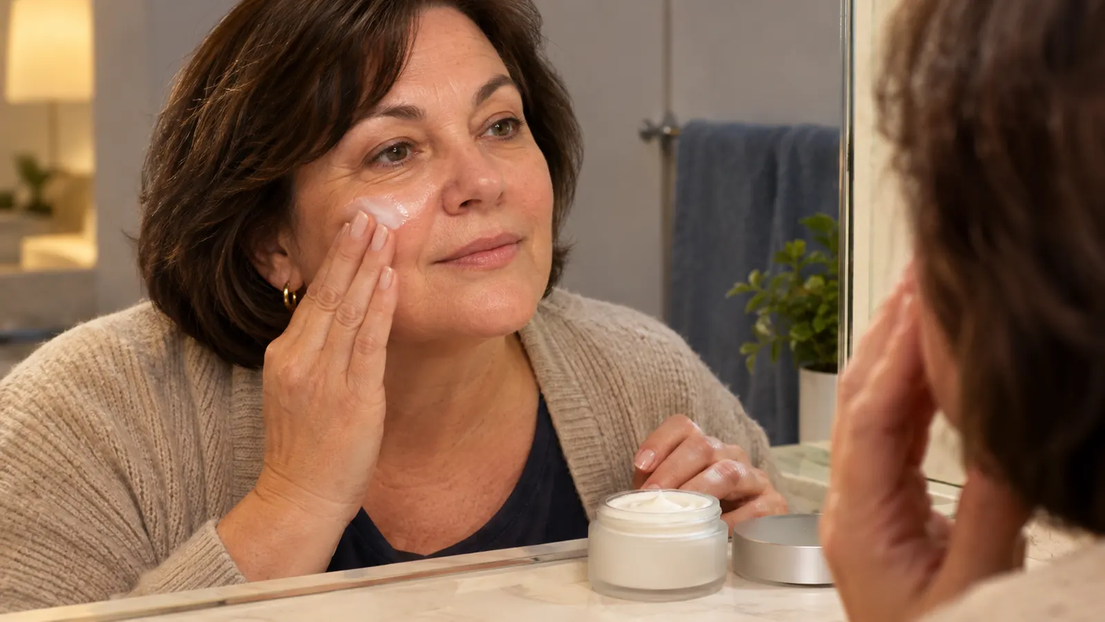A woman pressing a small amount of night cream onto her cheek with her fingertips in front of a bathroom mirror
