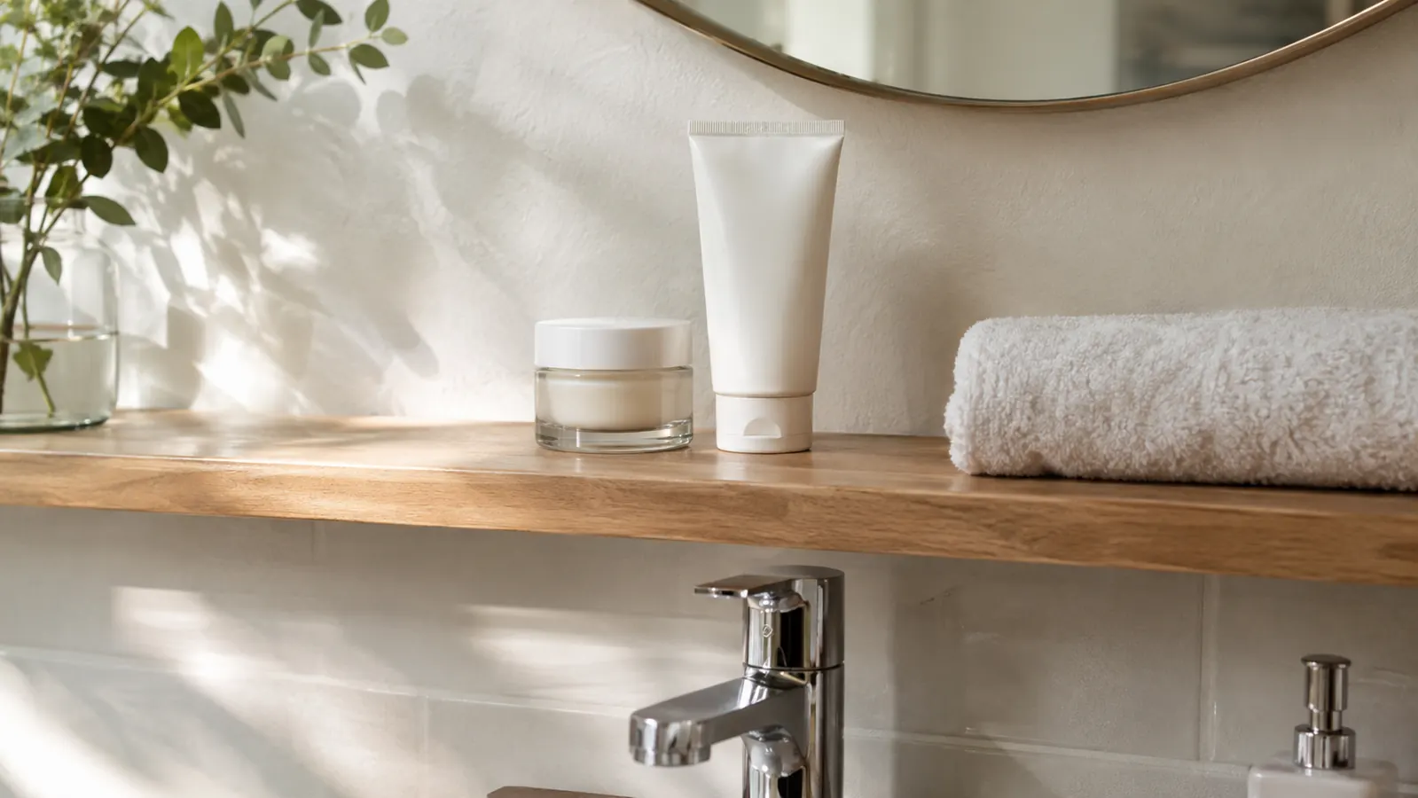 A tidy bathroom shelf holding a small jar of night cream, a tube of cleanser, and a folded towel