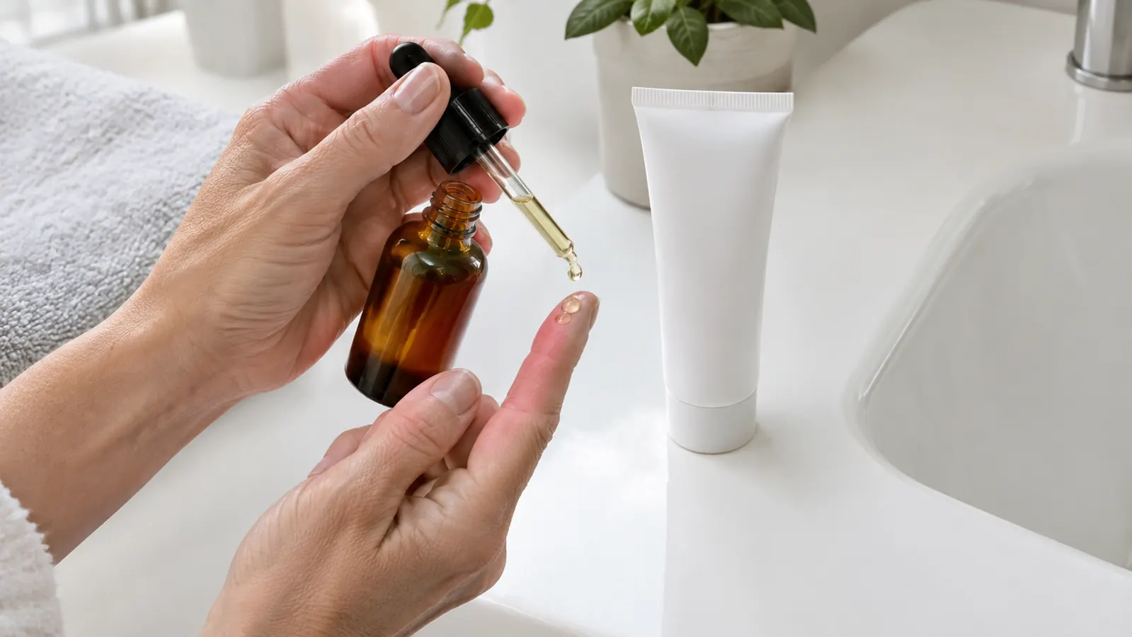A hand holding an amber glass dropper bottle over a fingertip with a few drops of serum, a tube of mineral sunscreen standing nearby on a white counter