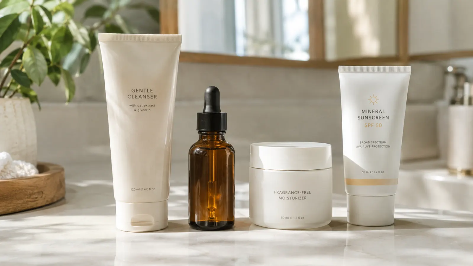 A simple morning routine laid out on a bathroom counter: a gentle cleanser, an amber dropper bottle, a plain moisturizer, and a tube of sunscreen in a row