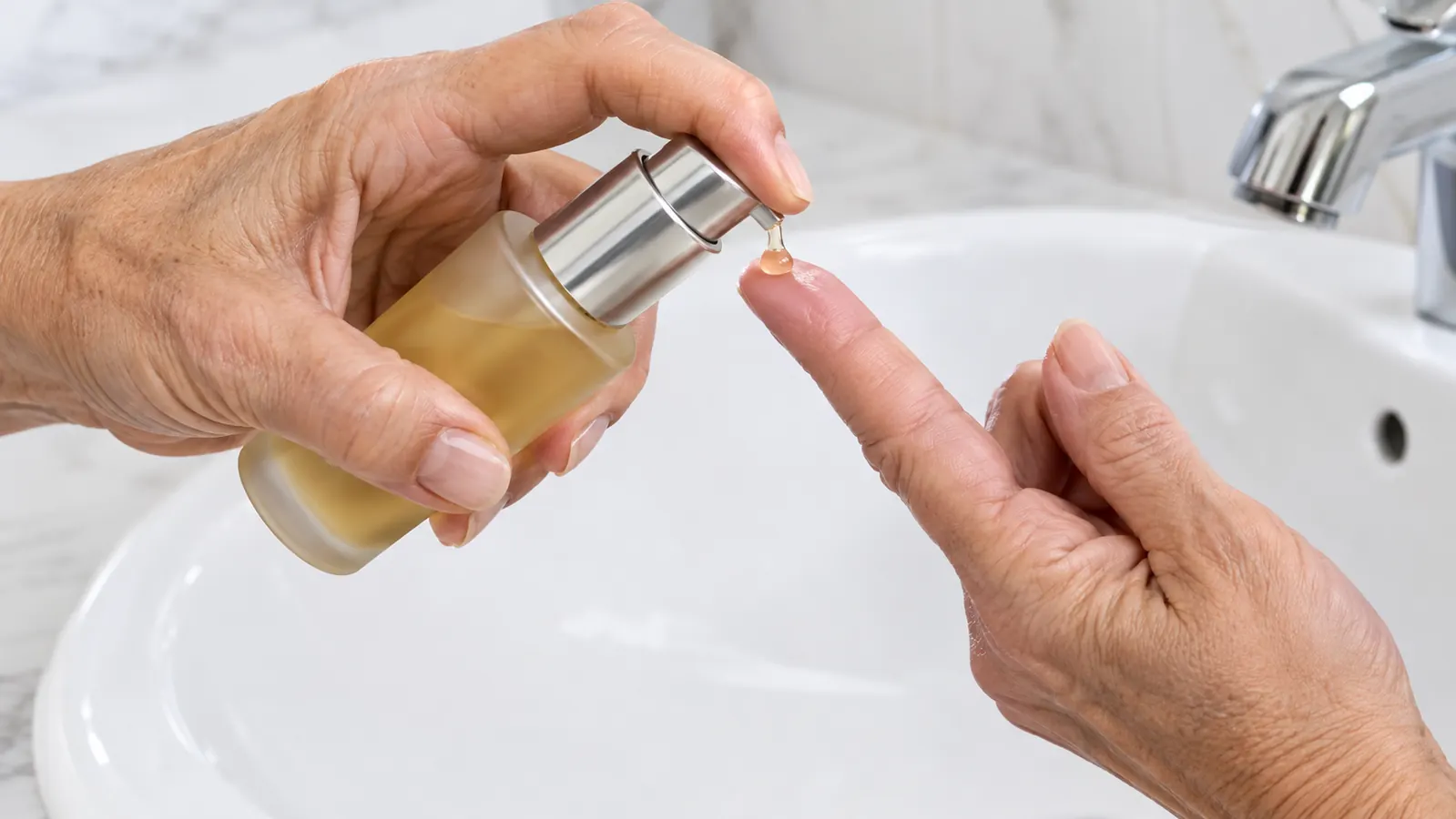 A hand pressing one pump of serum from a small bottle onto a fingertip over a white sink