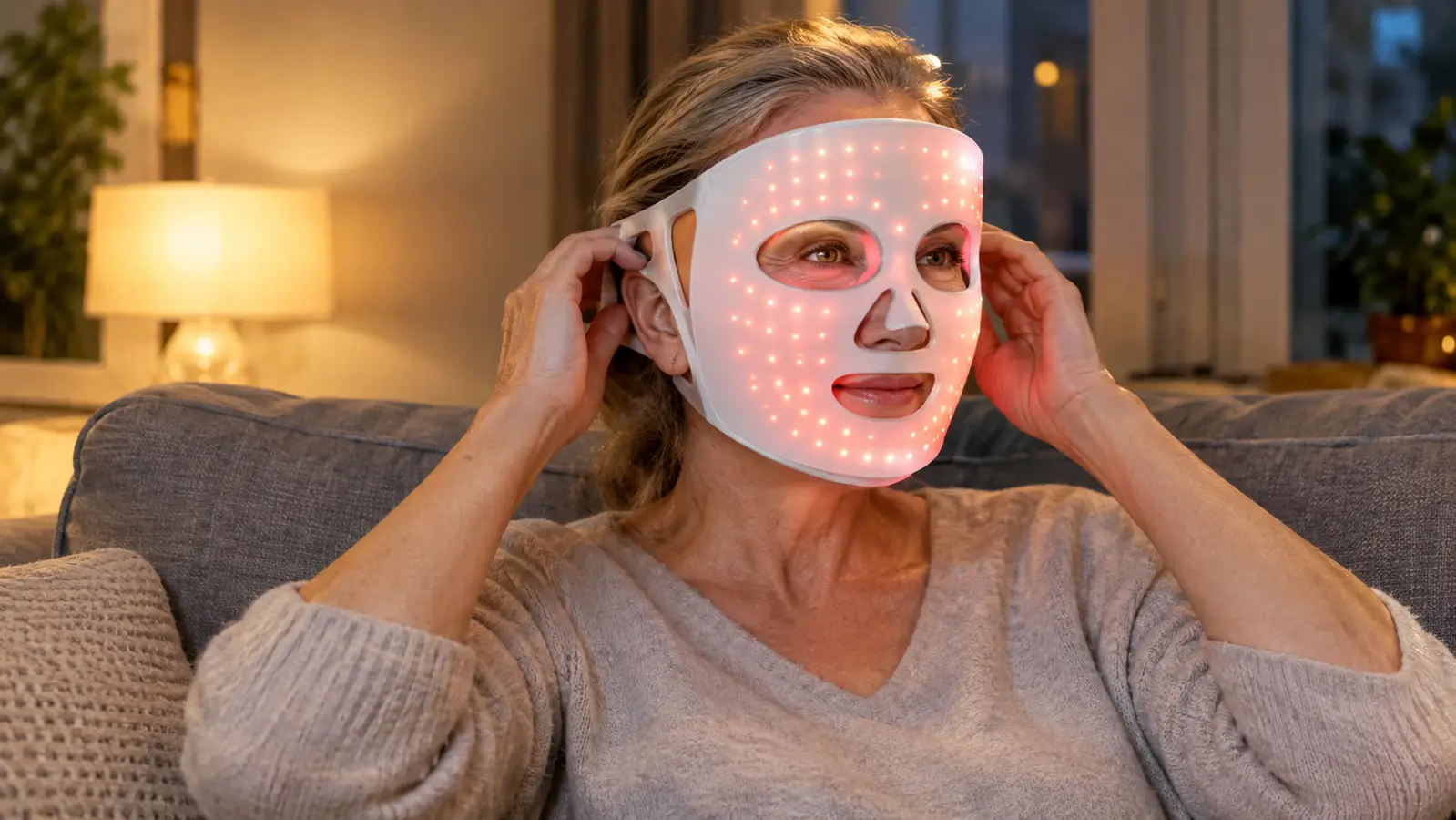 A woman seated on a couch adjusts an LED face mask over her ears before settling back