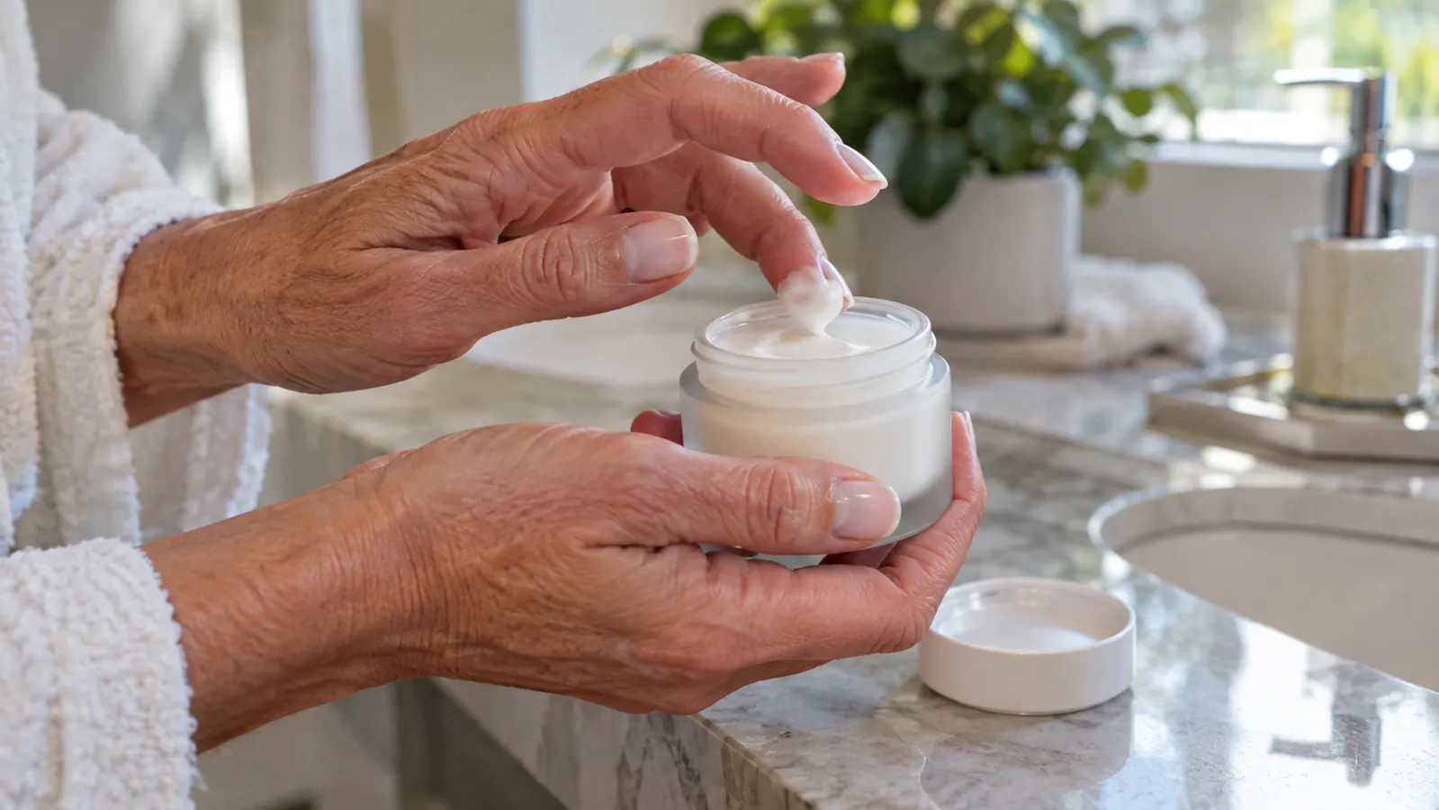 A woman's hand scooping a small amount of night cream from a jar on a bathroom counter