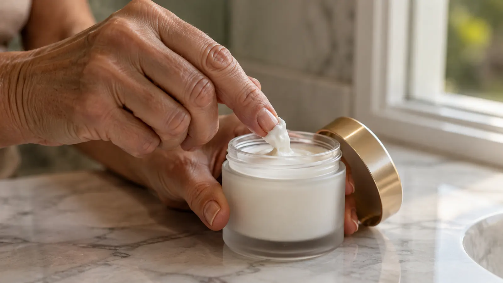 A hand scooping a small amount of night cream from the open jar on a bathroom counter