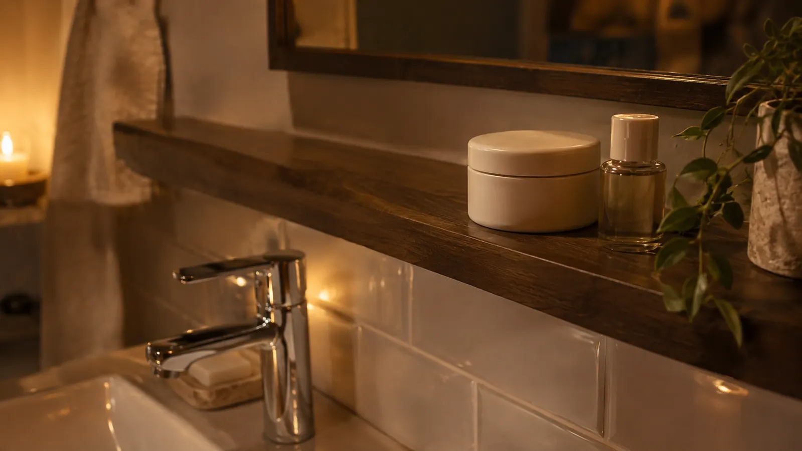 A closed night cream jar sitting on a bathroom shelf above the sink in warm evening light