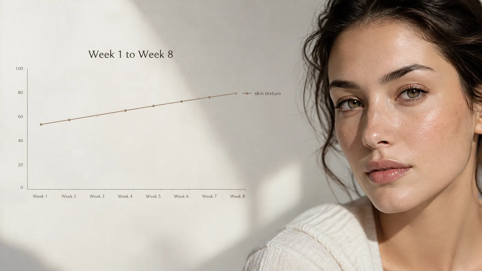 A simple line chart showing a smooth, steady improvement in skin texture over eight weeks