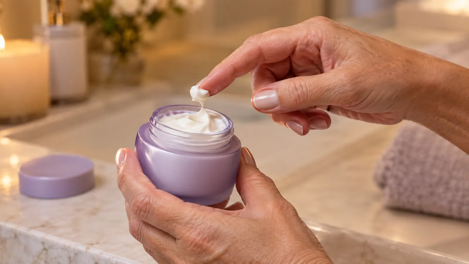 A hand scooping a small amount of night cream from its container