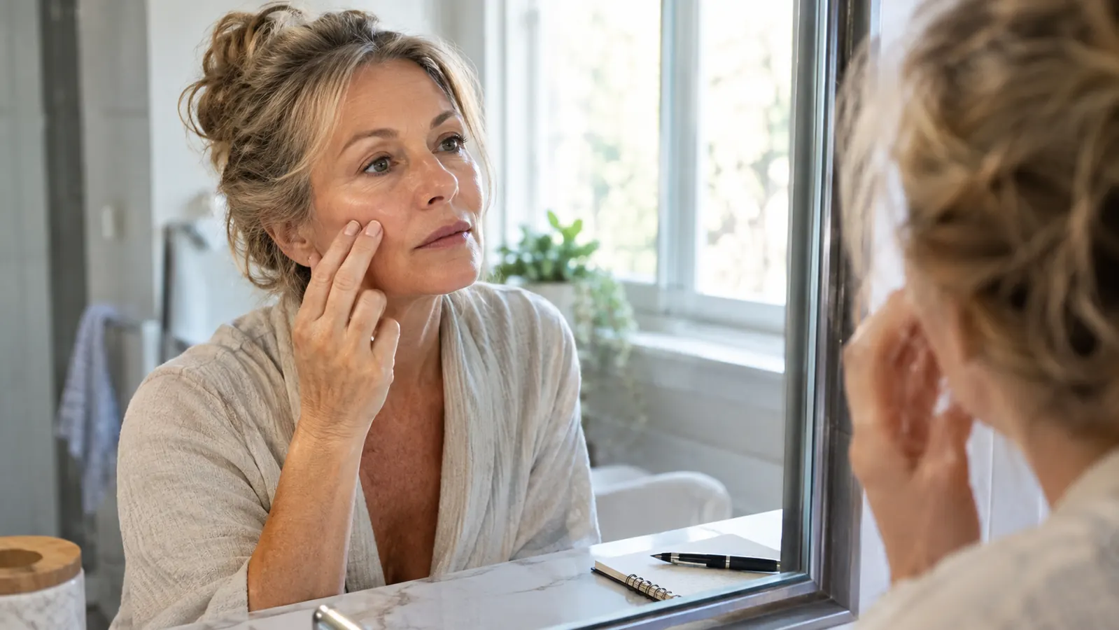A woman in her late fifties studying her reflection in a bathroom mirror in soft window light, touching her cheek with two fingers