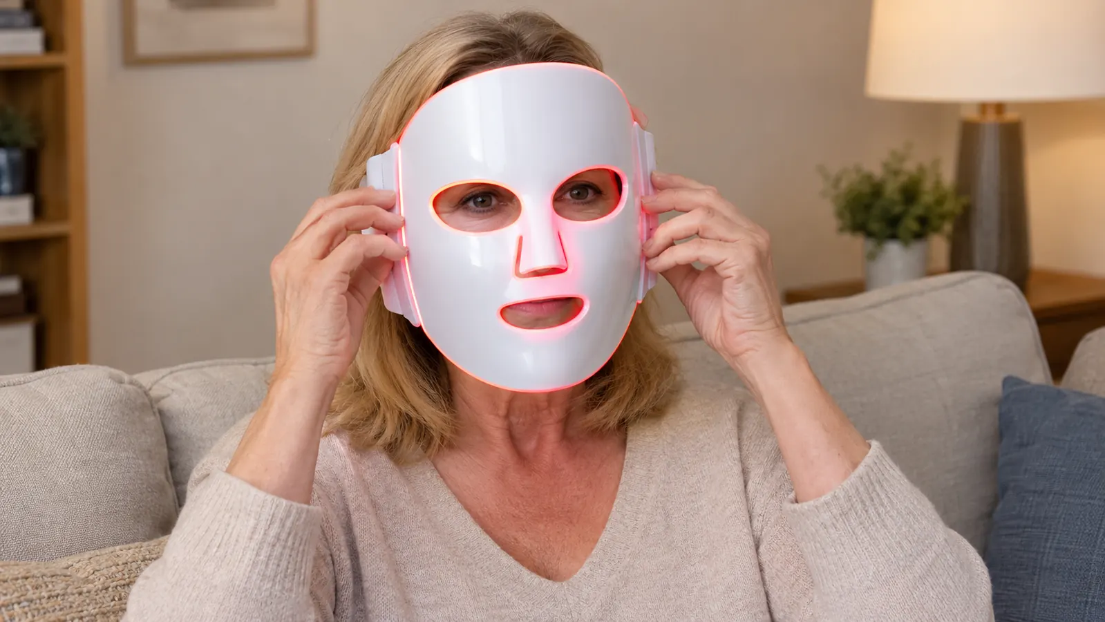 A woman placing a hands-free LED face mask over her face while sitting on a couch, the mask resting comfortably in place
