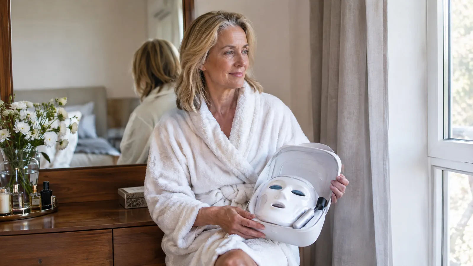 A woman in a bathrobe sitting on the edge of a bed, holding a rechargeable LED face mask in its storage case