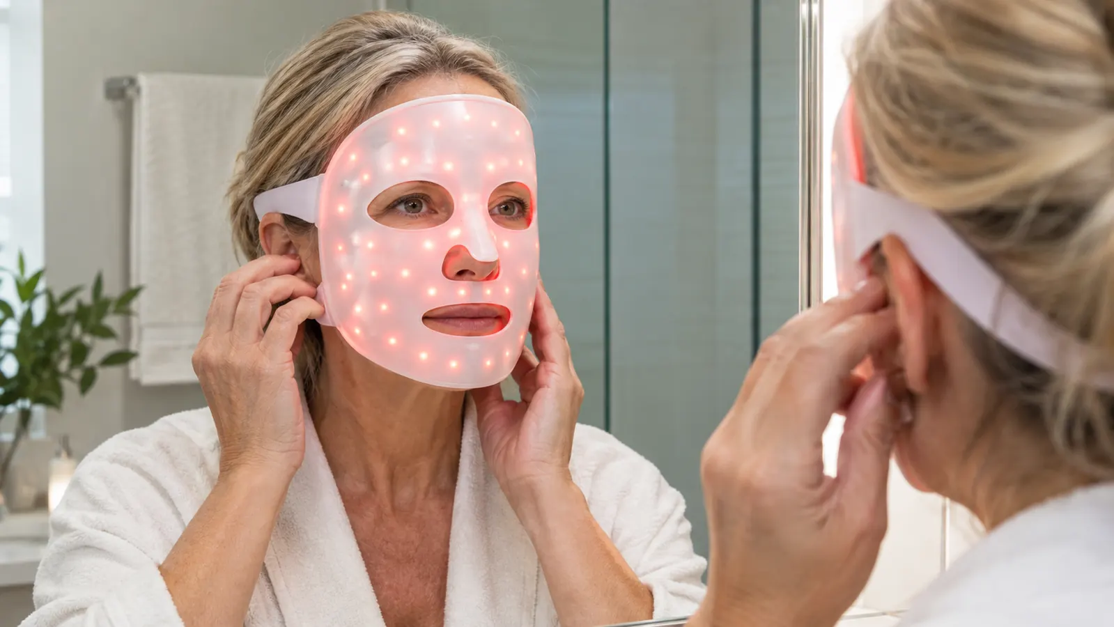 A woman's hands adjusting a hands-free LED face mask over her ears while she looks into a bathroom mirror