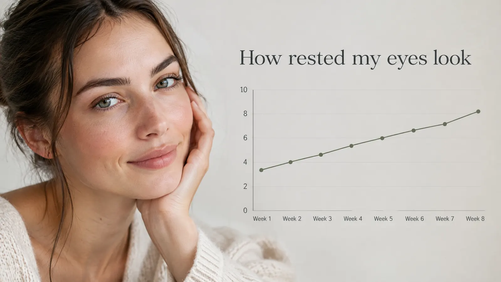 A simple line chart showing a gradual, modest improvement in how rested the eye area looks over eight weeks
