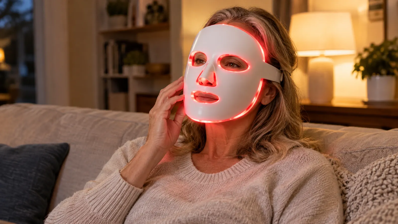 A woman seated on a couch, one hand gently adjusting an LED face mask on her face