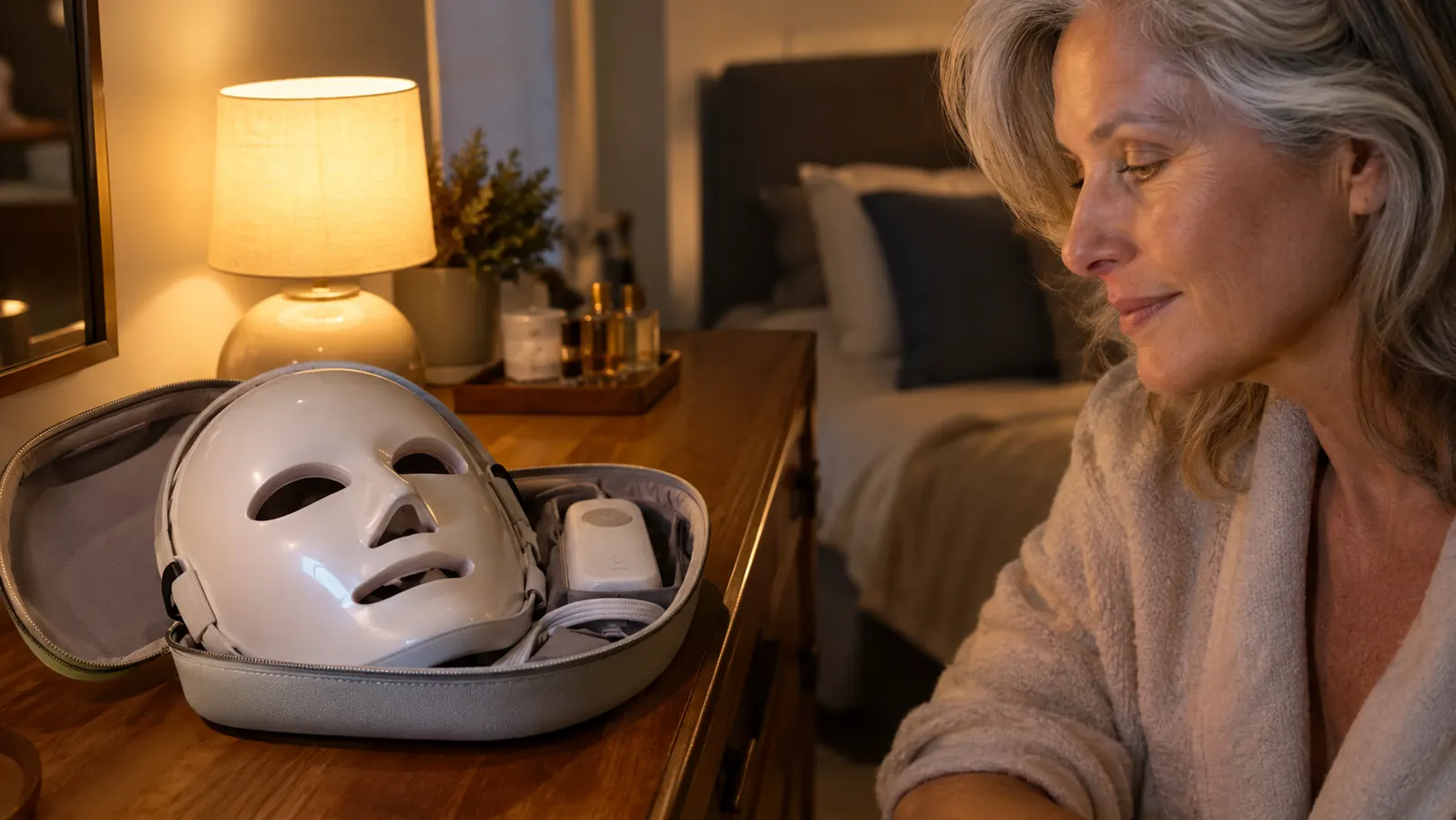 An LED face mask resting in its storage case on a bedroom dresser beside a small lamp