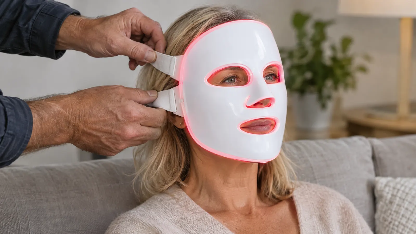 A hand placing a hands-free LED face mask over a woman's face while she sits on a couch
