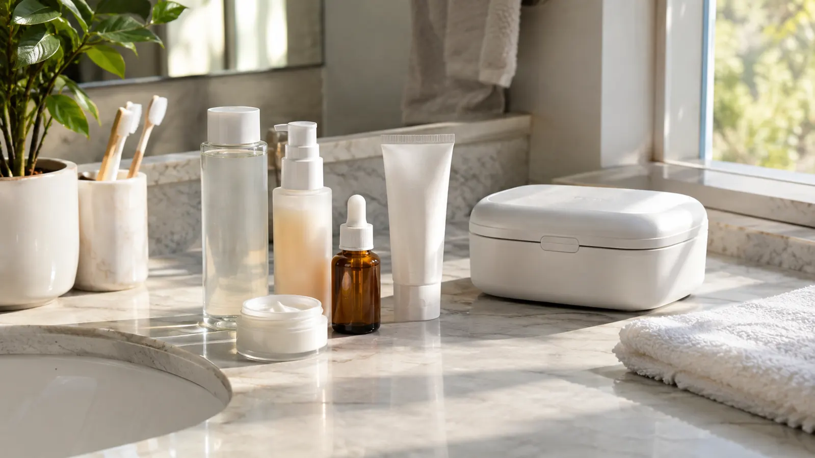 A simple scene of a bathroom counter with a skincare routine laid out, a mask case nearby, morning light