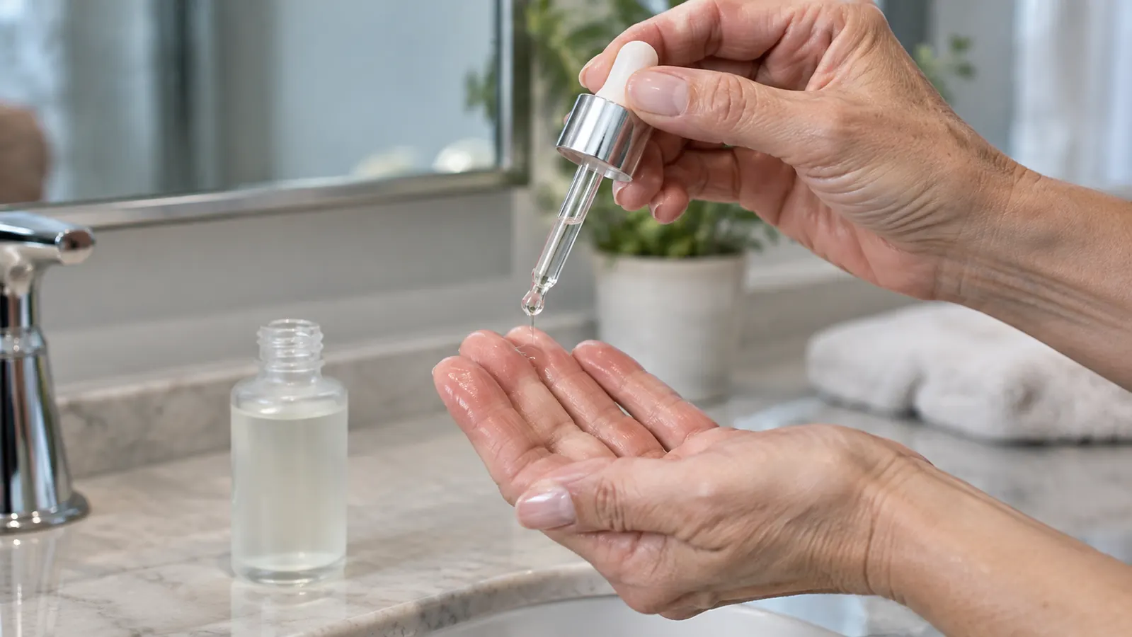 A hand pressing a few drops of watery serum onto the fingertips over a bathroom sink, the mirror softly blurred behind.