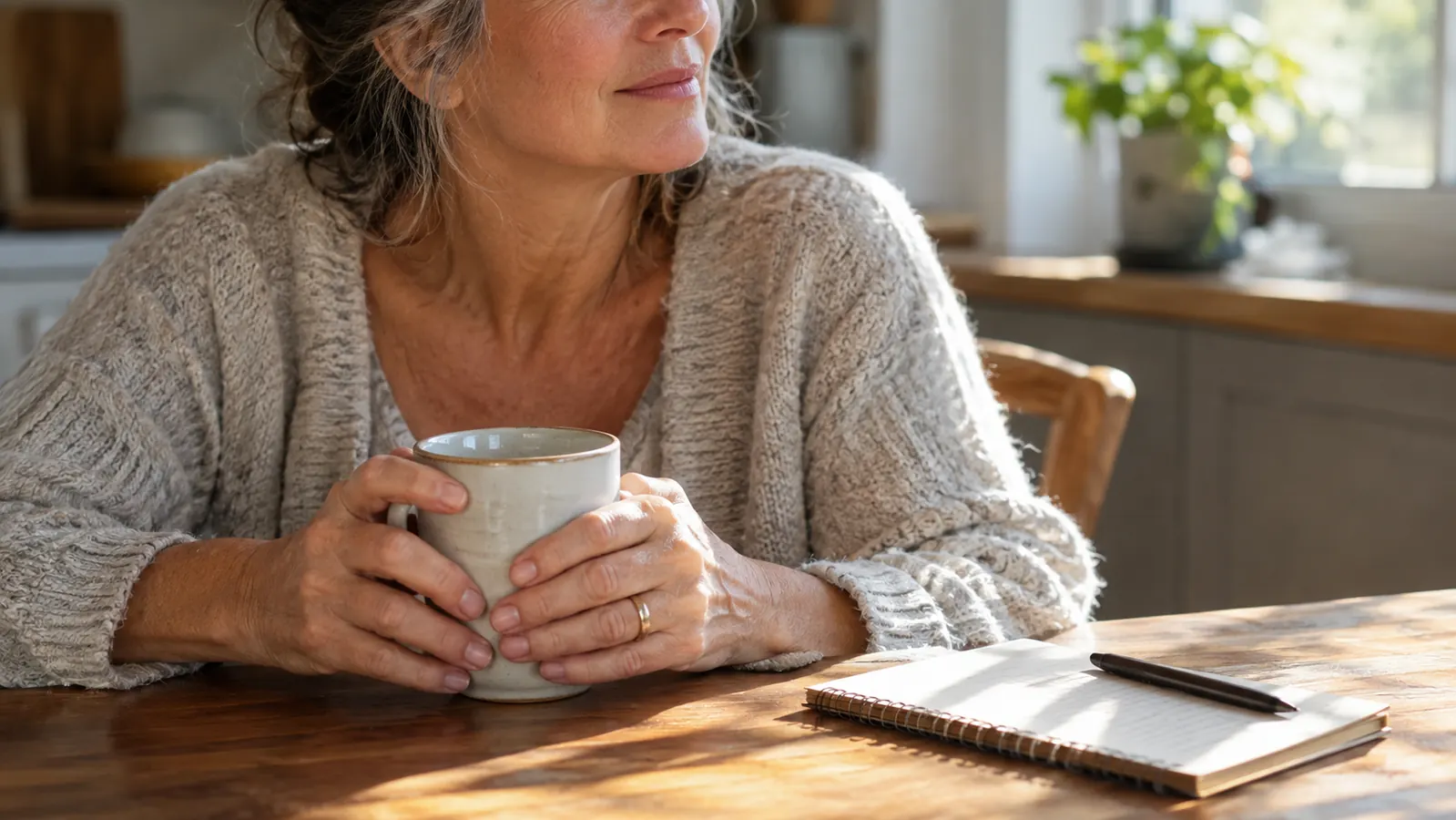 An older woman's hands wrapped around a mug at a kitchen table in morning light, with a small notebook and a pen on the table.