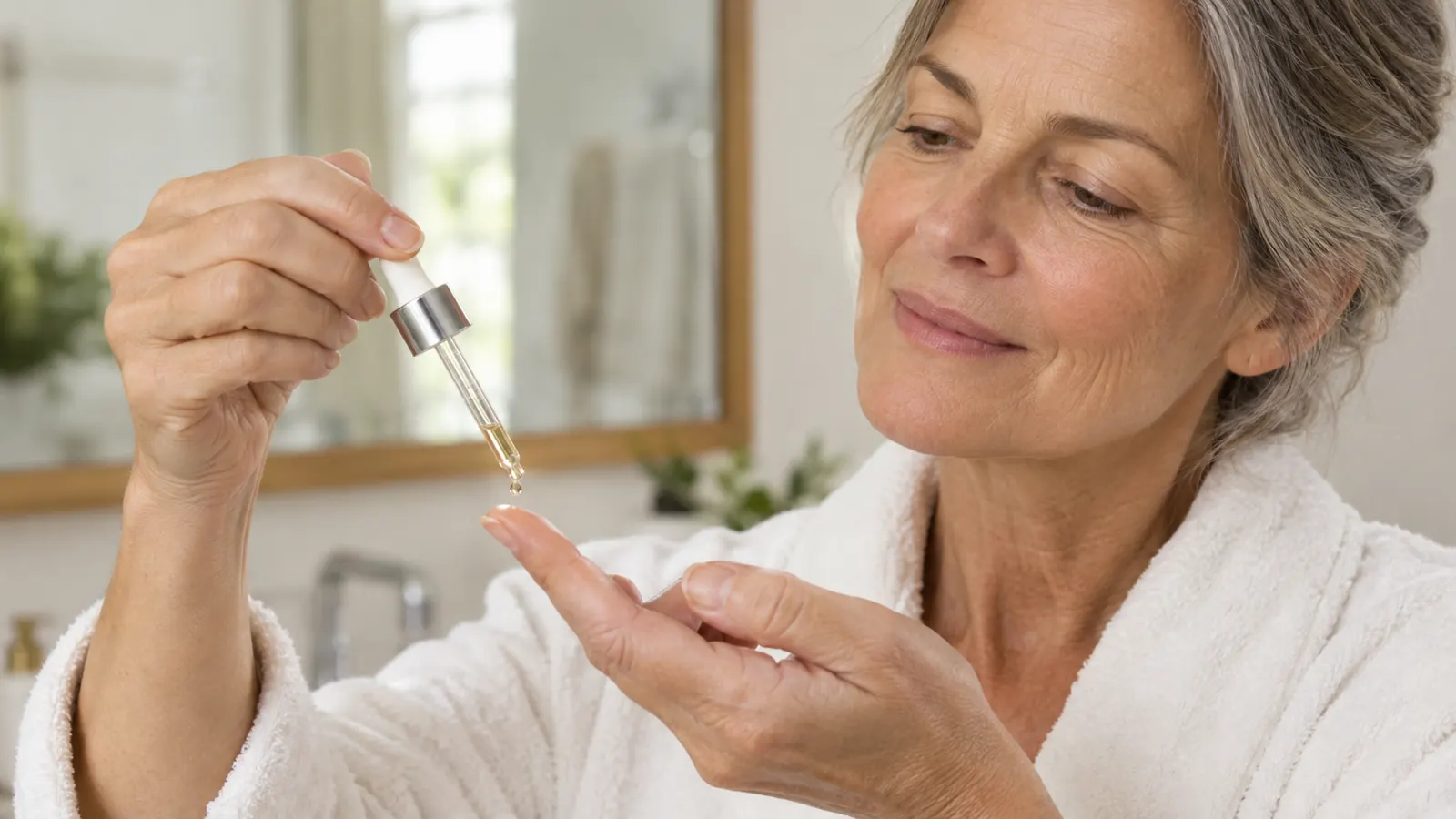 A hand pressing a few drops of serum from a dropper onto a fingertip in a softly lit bathroom