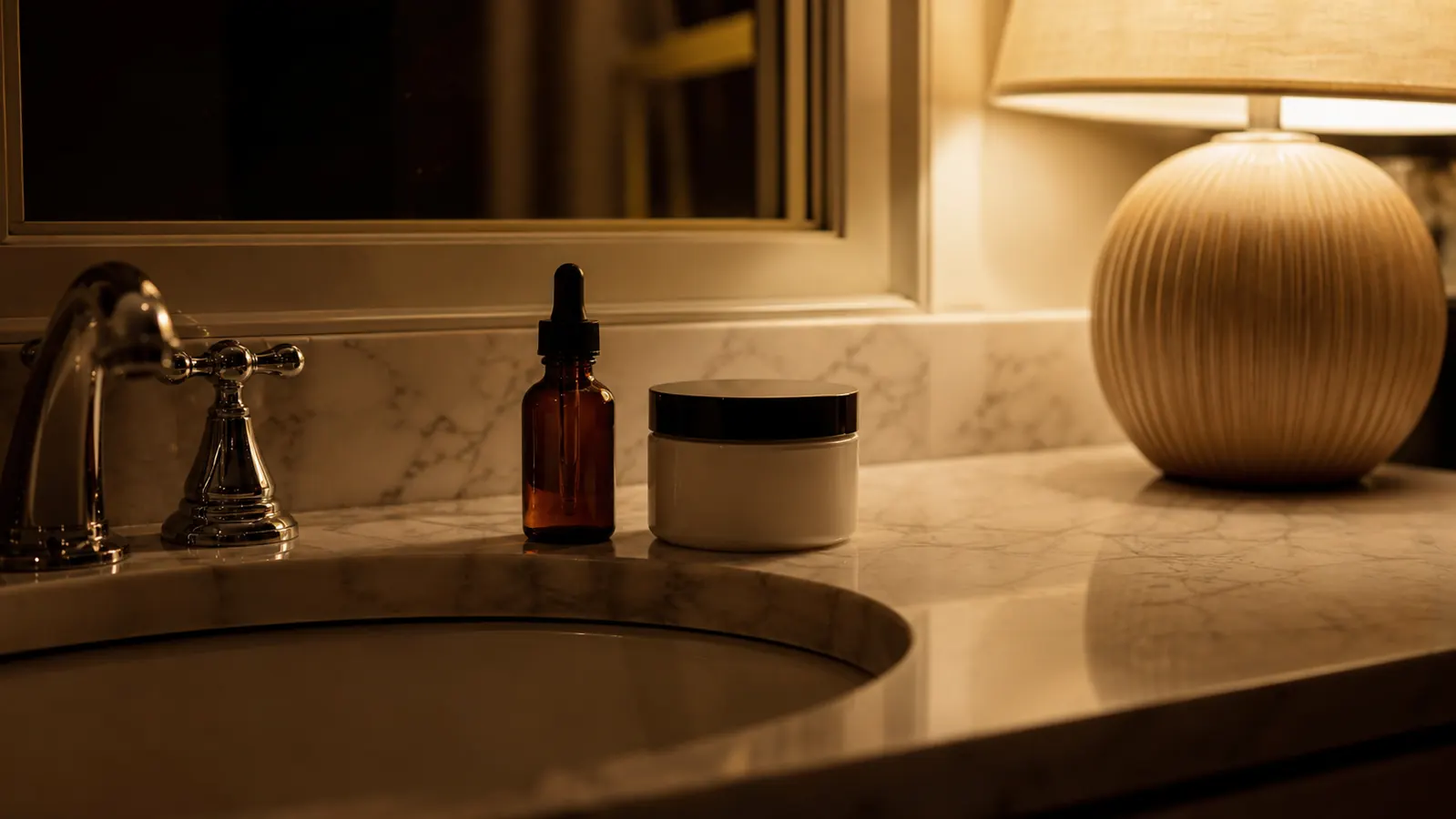 A bathroom counter at night with a small dropper bottle and a plain jar of moisturizer in warm lamplight