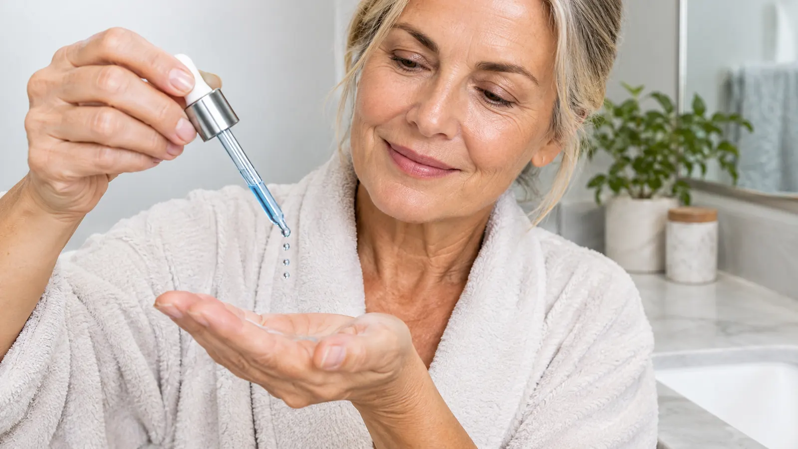 A hand holding a dropper over a palm, letting a few drops of a watery blue-tinted serum fall