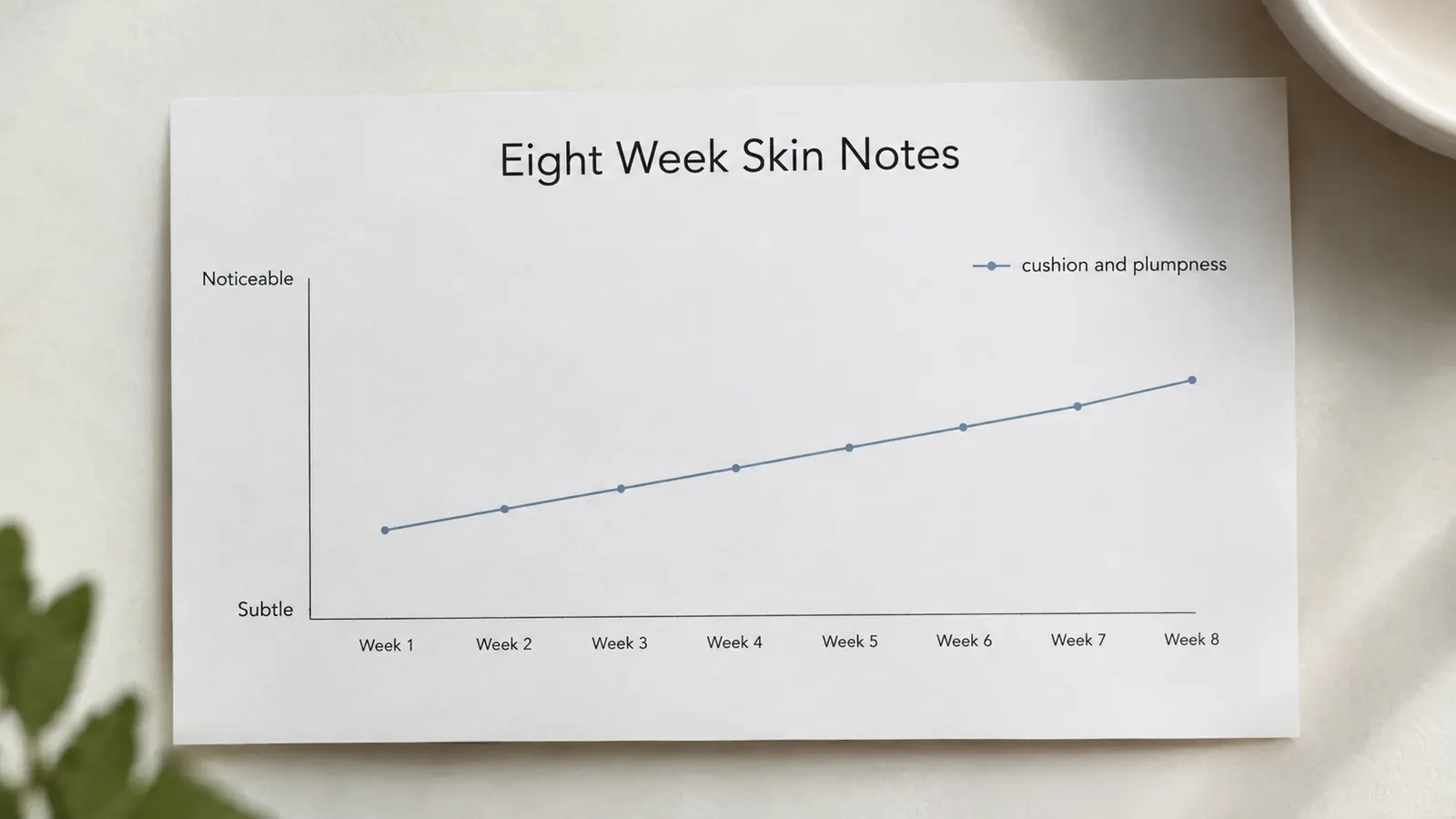 A simple line chart showing a subtle upward trend labeled skin cushion and plumpness over eight weeks