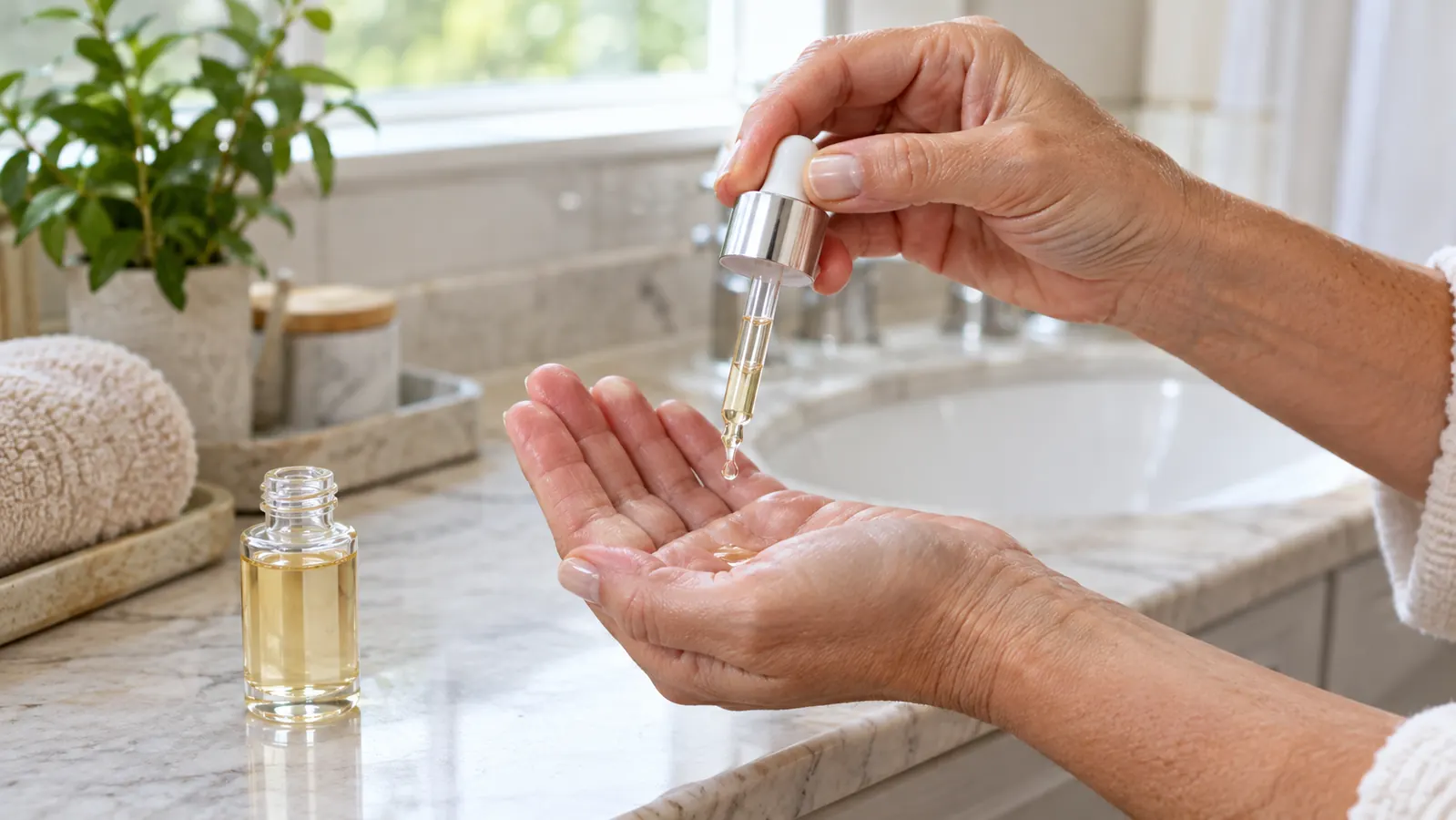 A hand pressing the dropper of a serum over a cupped palm
