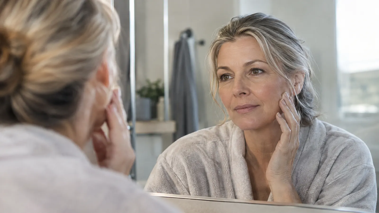 A woman in her late fifties looking into a bathroom mirror, morning light, calm expression
