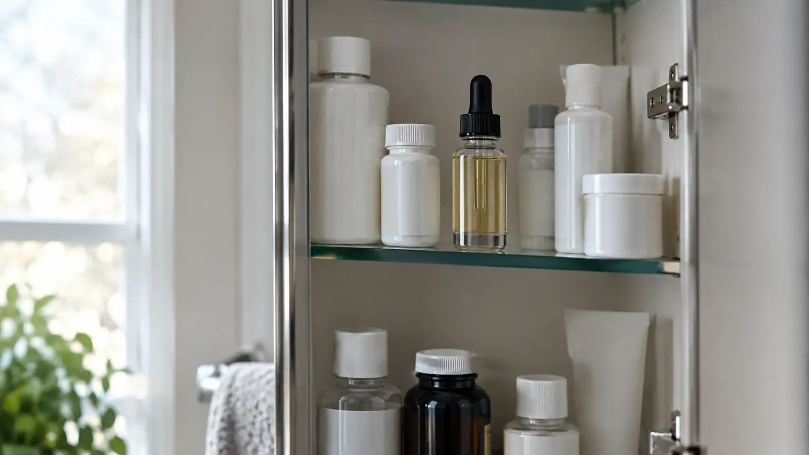 An open medicine cabinet with a small glass dropper bottle on the shelf among plain white bottles