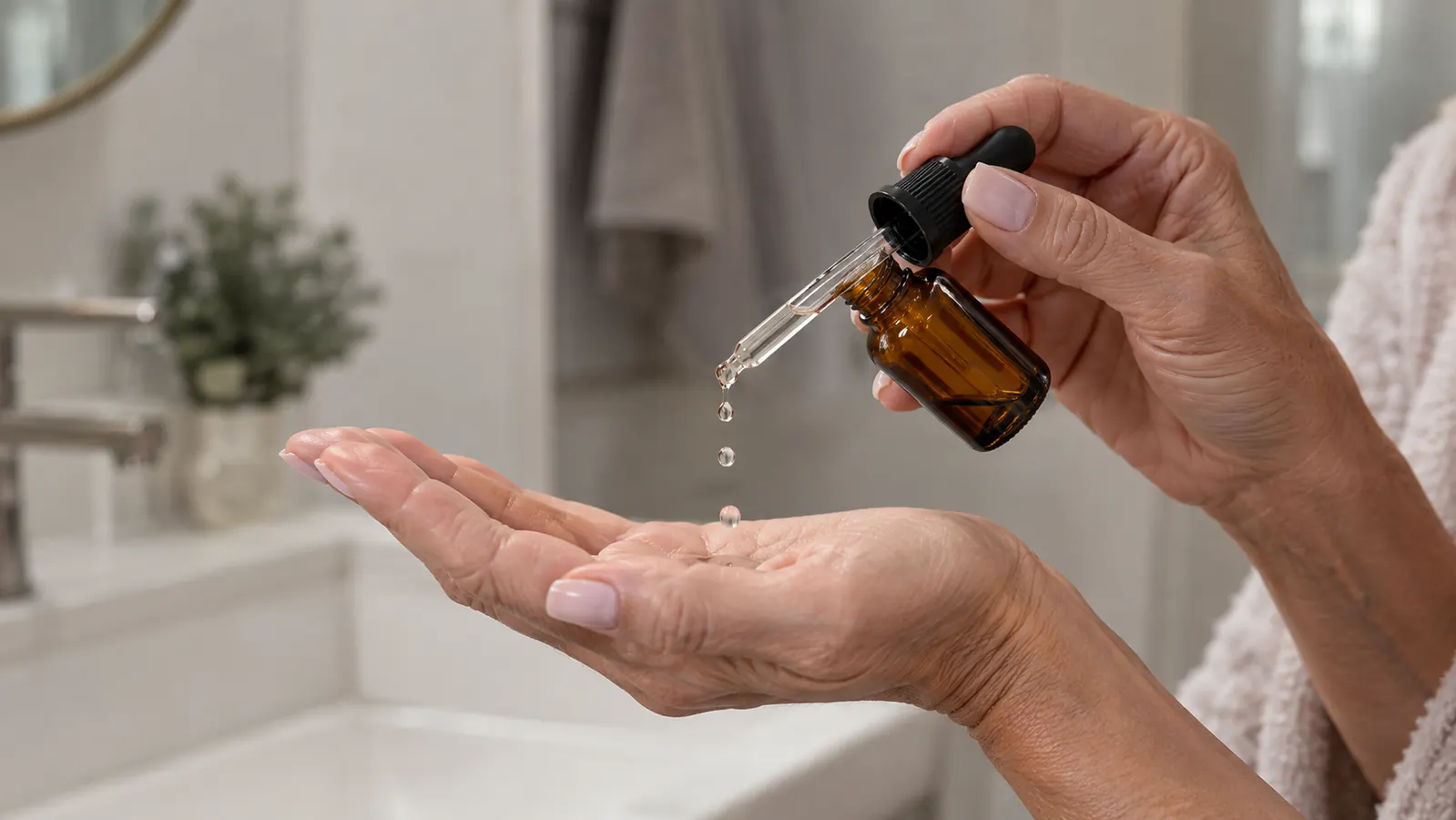 A hand holding an amber glass dropper bottle over an open palm, a few drops of clear serum visible on the dropper