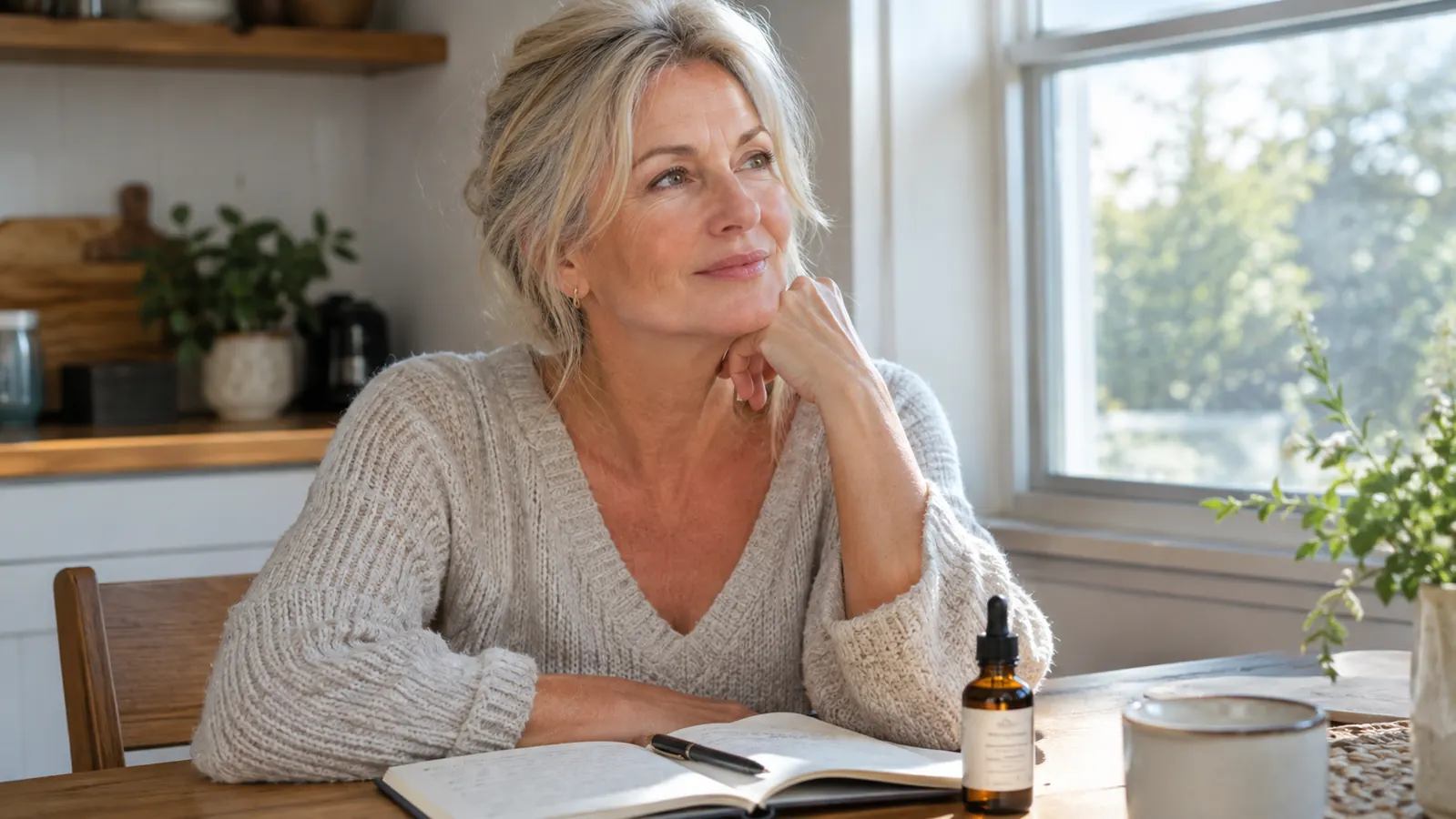 A woman in her late fifties sitting at a kitchen table with an open notebook and a small amber glass dropper bottle, morning light through the window